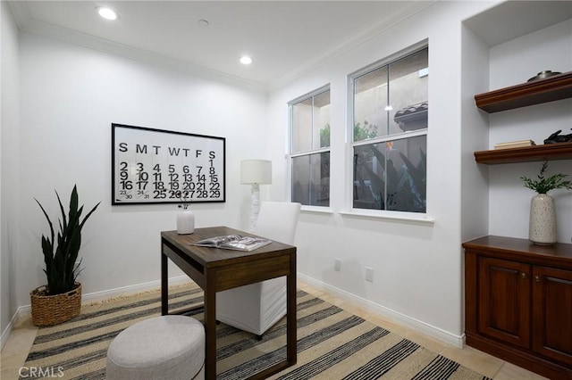 home office featuring crown molding, baseboards, and recessed lighting