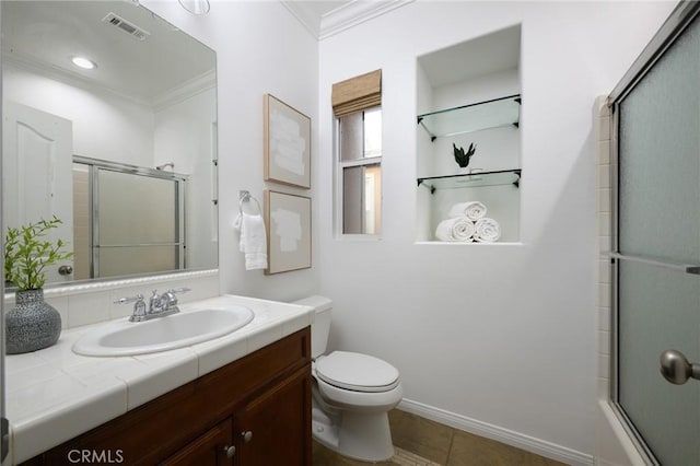 full bath featuring an enclosed shower, toilet, crown molding, visible vents, and vanity