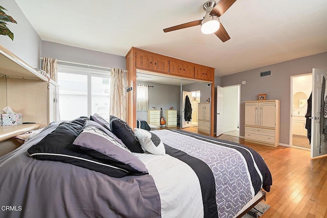 2030 Lomita Park Pl, Lomita, CA 90717 - bedroom featuring a closet, visible vents, ceiling fan, ensuite bath, and light wood-style floors