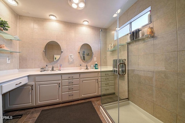 2030 Lomita Park Pl, Lomita, CA 90717 - bathroom featuring double vanity, a stall shower, and tile walls