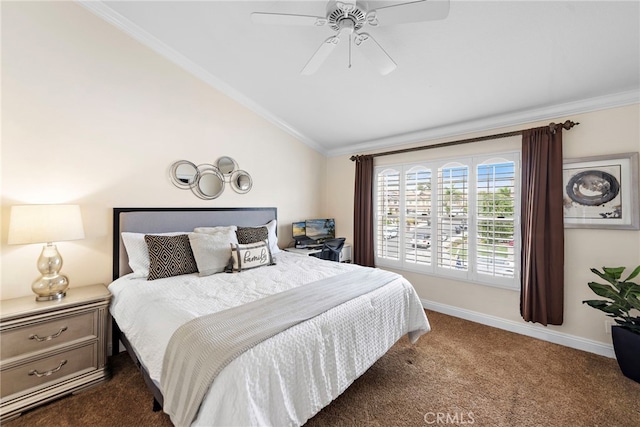 30 Calle Estero, Rancho Santa Margarita, CA 92688 - bedroom featuring lofted ceiling, dark colored carpet, ornamental molding, a ceiling fan, and baseboards