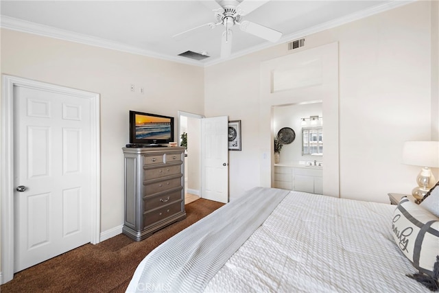 30 Calle Estero, Rancho Santa Margarita, CA 92688 - bedroom with dark colored carpet, ornamental molding, baseboards, a ceiling fan, and ensuite bathroom