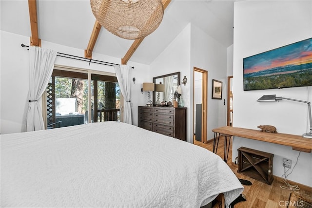 bedroom featuring beam ceiling, wood finished floors, high vaulted ceiling, baseboards, and access to exterior