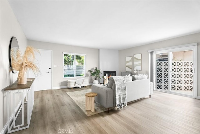 living area with baseboards, a glass covered fireplace, and wood finished floors