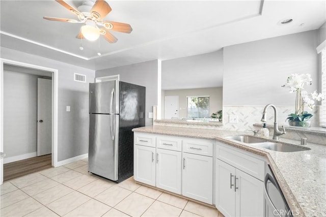 kitchen featuring a sink, stainless steel appliances, visible vents, white cabinetry, and a ceiling fan