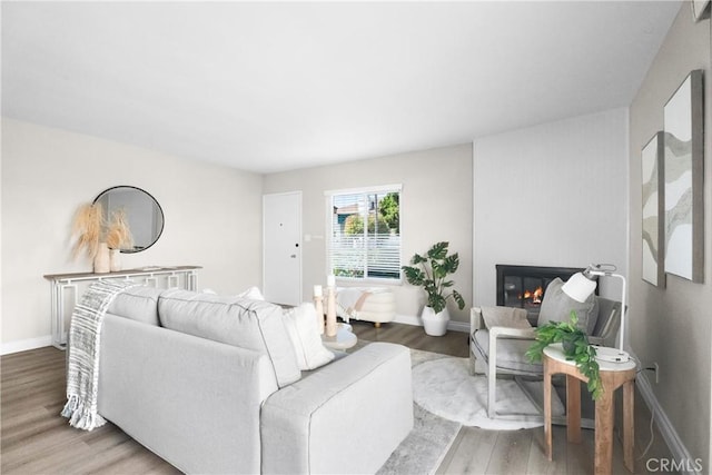 living area featuring baseboards, a glass covered fireplace, and wood finished floors