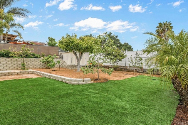 view of yard featuring an outdoor structure, a fenced backyard, and a storage unit