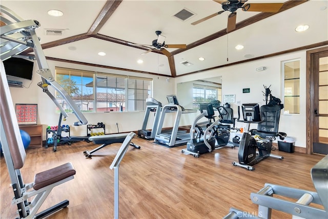 exercise room with ceiling fan, recessed lighting, and visible vents