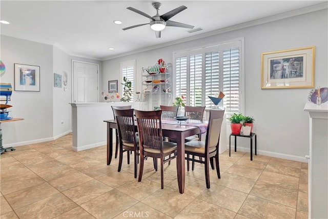 dining space with a ceiling fan, recessed lighting, crown molding, and visible vents