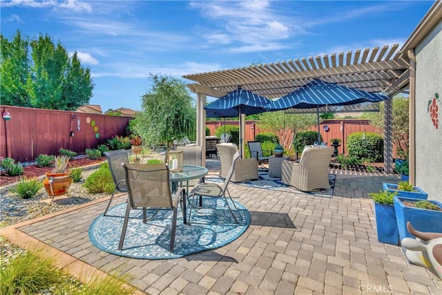 view of patio / terrace with a pergola, a fenced backyard, and outdoor dining area