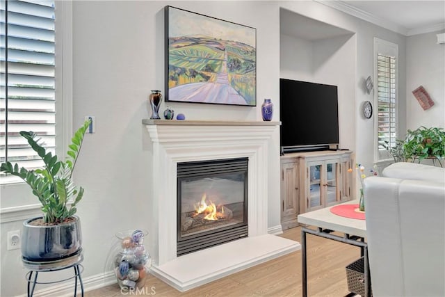 living area featuring crown molding, wood finished floors, and a glass covered fireplace