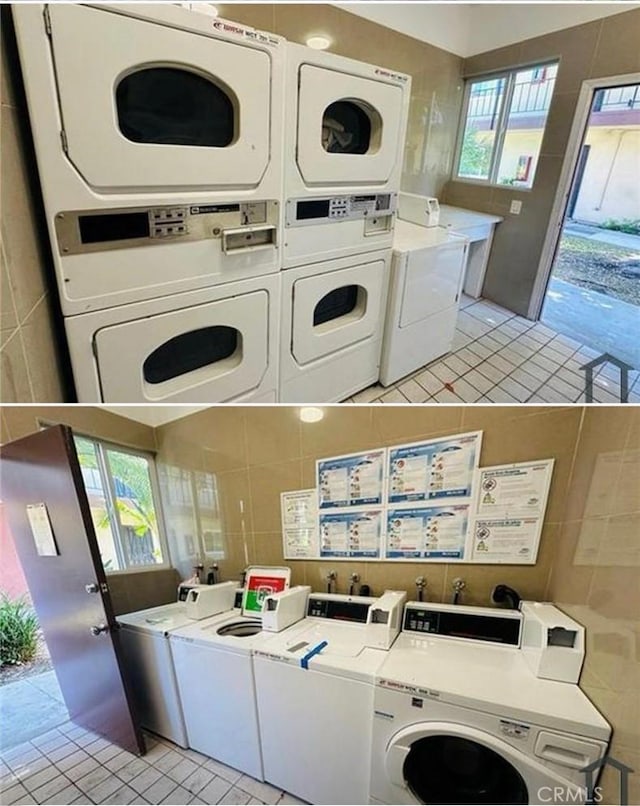 4700 Clair Del Ave Unit 620, Long Beach, CA 90807 - community laundry room featuring independent washer and dryer, tile walls, light tile patterned flooring, and stacked washer and clothes dryer