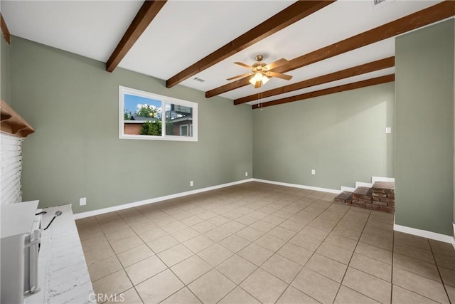 13023 Woodcock Ave, Sylmar, CA 91342 - unfurnished living room featuring beamed ceiling, ceiling fan, baseboards, and light tile patterned floors