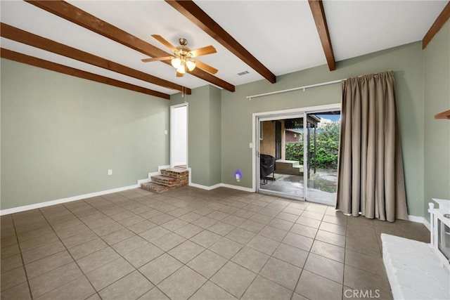 13023 Woodcock Ave, Sylmar, CA 91342 - unfurnished room with beamed ceiling, light tile patterned flooring, ceiling fan, and baseboards