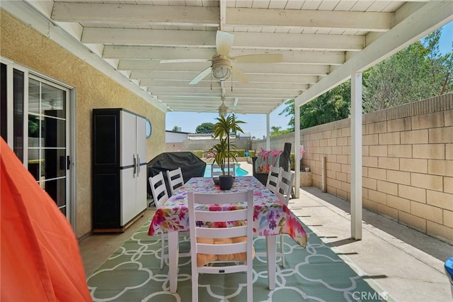6253 Hamilton Ct, Chino, CA 91710 - fenced backyard with ceiling fan, outdoor dining space, and a patio