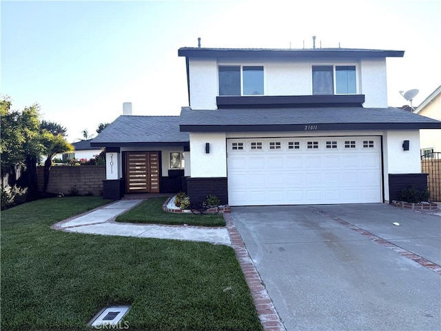 traditional-style house featuring an attached garage, concrete driveway, stucco siding, and a front lawn