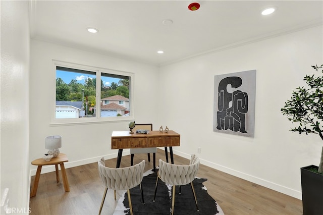 21011 N Hampton Way, Lake Forest, CA 92630 - office area featuring light wood-type flooring, baseboards, recessed lighting, and ornamental molding