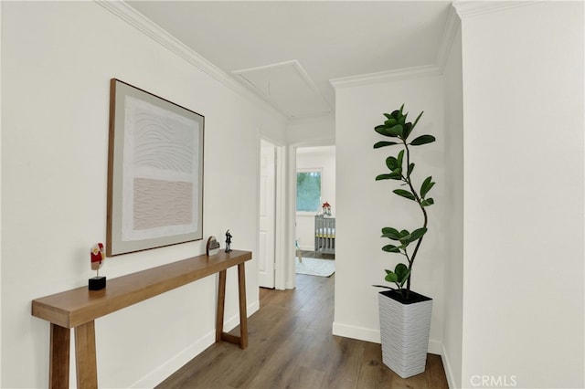 21011 N Hampton Way, Lake Forest, CA 92630 - corridor with attic access, wood finished floors, crown molding, and baseboards
