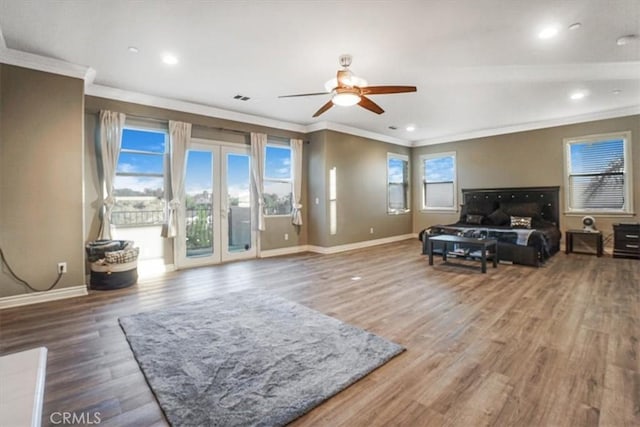 200 Cross Rail Ln, Norco, CA 92860 - bedroom featuring crown molding, access to exterior, baseboards, multiple windows, and recessed lighting