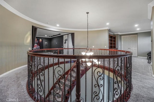 200 Cross Rail Ln, Norco, CA 92860 - hallway with carpet, an upstairs landing, a chandelier, recessed lighting, and baseboards