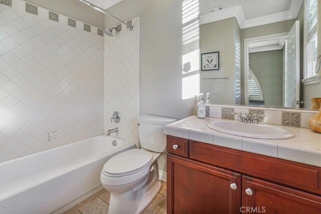 200 Cross Rail Ln, Norco, CA 92860 - bathroom featuring crown molding, toilet, shower / bathtub combination, vanity, and tile patterned floors