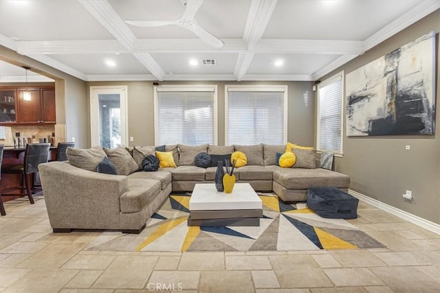 200 Cross Rail Ln, Norco, CA 92860 - living area featuring stone tile floors, beam ceiling, baseboards, healthy amount of natural light, and recessed lighting