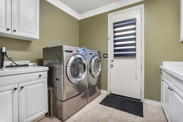 200 Cross Rail Ln, Norco, CA 92860 - clothes washing area with cabinet space, washer and clothes dryer, crown molding, and baseboards