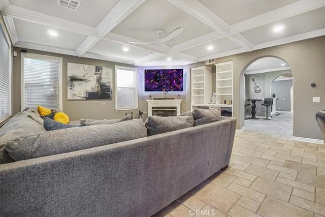 200 Cross Rail Ln, Norco, CA 92860 - living area featuring arched walkways, baseboards, ornamental molding, recessed lighting, and beamed ceiling