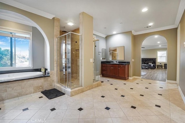 200 Cross Rail Ln, Norco, CA 92860 - full bathroom with tile patterned floors, vanity, ornamental molding, recessed lighting, and a stall shower