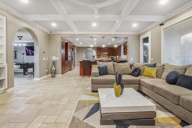 200 Cross Rail Ln, Norco, CA 92860 - living area featuring arched walkways, recessed lighting, stone tile flooring, baseboards, and coffered ceiling
