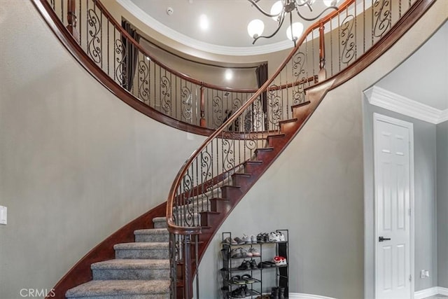 200 Cross Rail Ln, Norco, CA 92860 - stairs featuring ornamental molding, a high ceiling, a chandelier, and baseboards