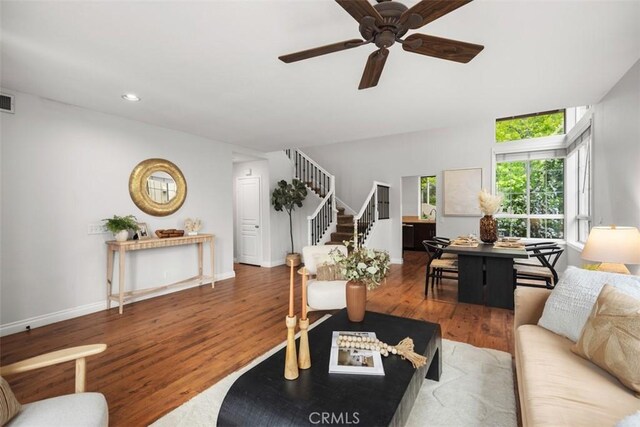 15 Saltillo, Rancho Santa Margarita, CA 92688 - living room with stairs, wood finished floors, ceiling fan, baseboards, and recessed lighting