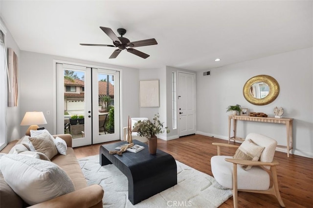 15 Saltillo, Rancho Santa Margarita, CA 92688 - living room featuring wood finished floors, ceiling fan, recessed lighting, baseboards, and french doors