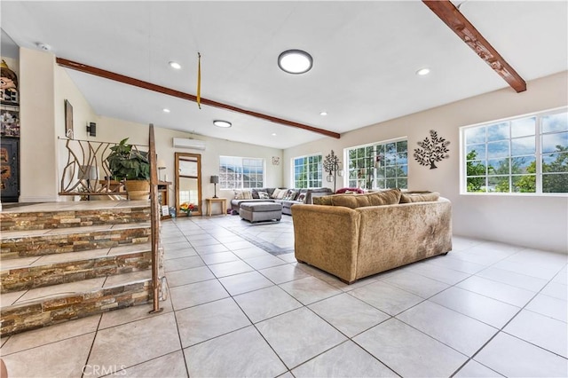 40481 Sage Rd, Hemet, CA 92544 - living room with an AC wall unit, lofted ceiling with beams, light tile patterned floors, and recessed lighting
