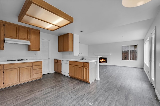 kitchen with a sink, a peninsula, white appliances, under cabinet range hood, and open floor plan