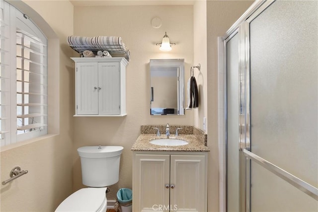 bathroom featuring vanity, toilet, and a shower stall