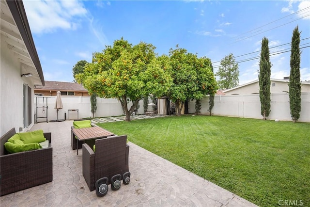 view of yard with an outdoor hangout area, a patio area, and a fenced backyard