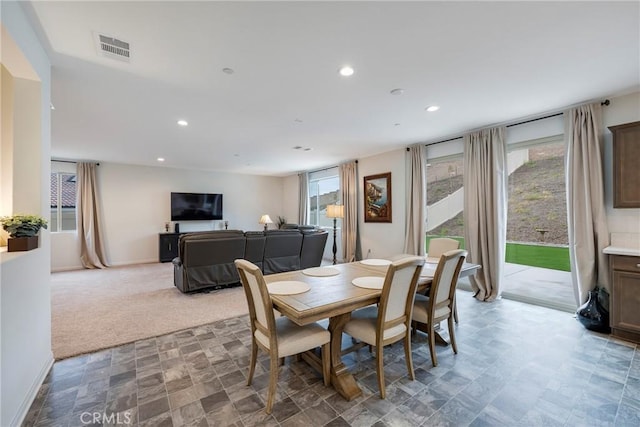 dining area featuring visible vents, baseboards, and recessed lighting