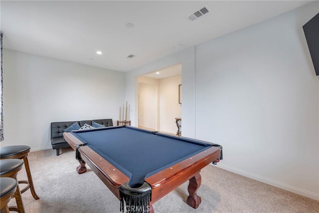 recreation room featuring carpet, billiards, recessed lighting, and baseboards