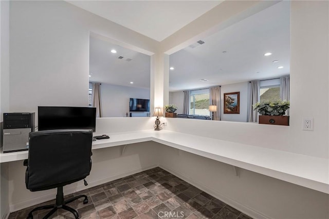 home office featuring visible vents, baseboards, and recessed lighting
