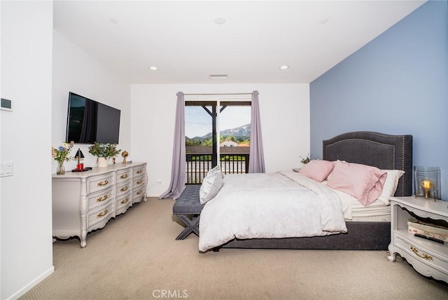 bedroom featuring light carpet, recessed lighting, visible vents, and access to exterior