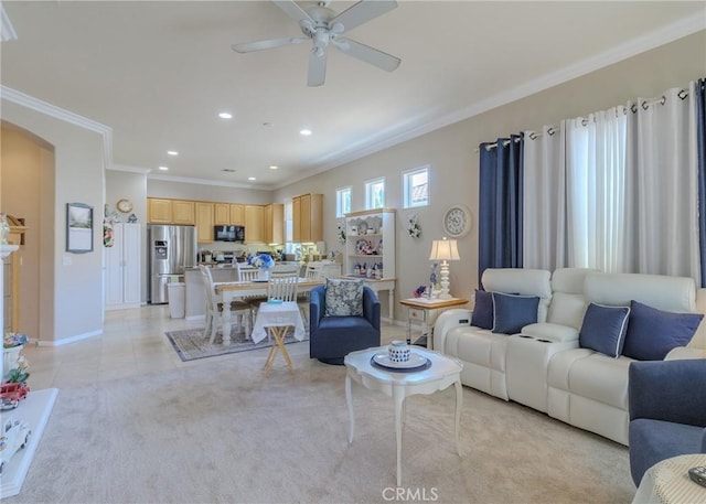 1643 Landmark Way, Beaumont, CA 92223 - living area featuring baseboards, ceiling fan, arched walkways, ornamental molding, and recessed lighting