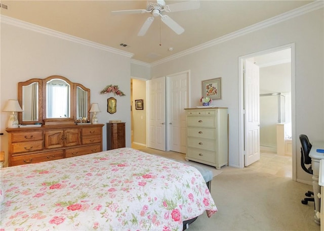 1643 Landmark Way, Beaumont, CA 92223 - bedroom with crown molding, light carpet, baseboards, and visible vents