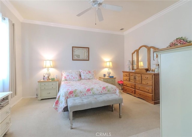 1643 Landmark Way, Beaumont, CA 92223 - bedroom with light colored carpet, crown molding, visible vents, and ceiling fan