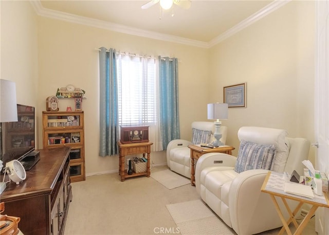 1643 Landmark Way, Beaumont, CA 92223 - sitting room with light carpet, crown molding, and ceiling fan