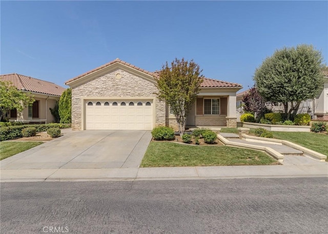 1643 Landmark Way, Beaumont, CA 92223 - ranch-style house featuring concrete driveway, a garage, a tiled roof, and stone siding