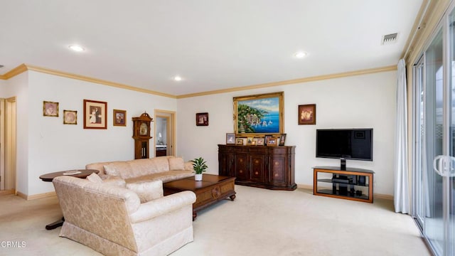10424 Mcvine Ave, Sunland, CA 91040 - living area featuring carpet floors, ornamental molding, recessed lighting, and baseboards