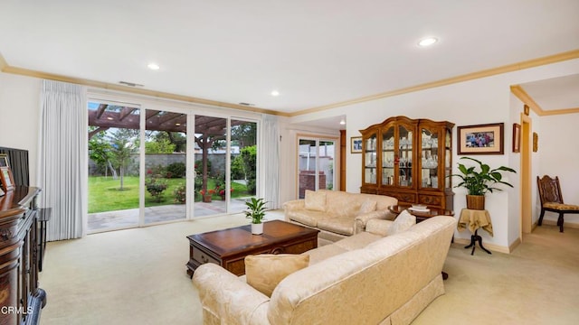 10424 Mcvine Ave, Sunland, CA 91040 - living area with light colored carpet, crown molding, recessed lighting, and baseboards