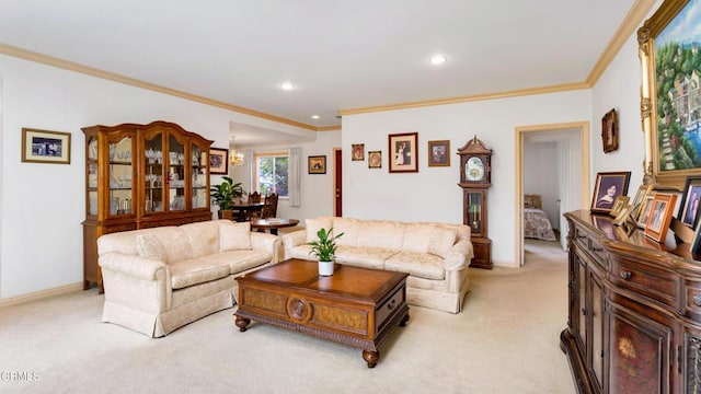 10424 Mcvine Ave, Sunland, CA 91040 - living room featuring light colored carpet, crown molding, recessed lighting, and baseboards