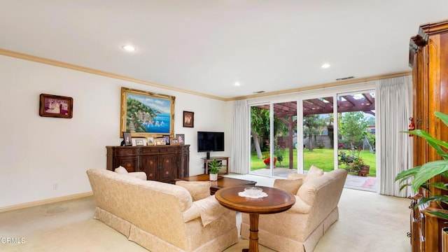 10424 Mcvine Ave, Sunland, CA 91040 - living room with light carpet, crown molding, recessed lighting, and baseboards